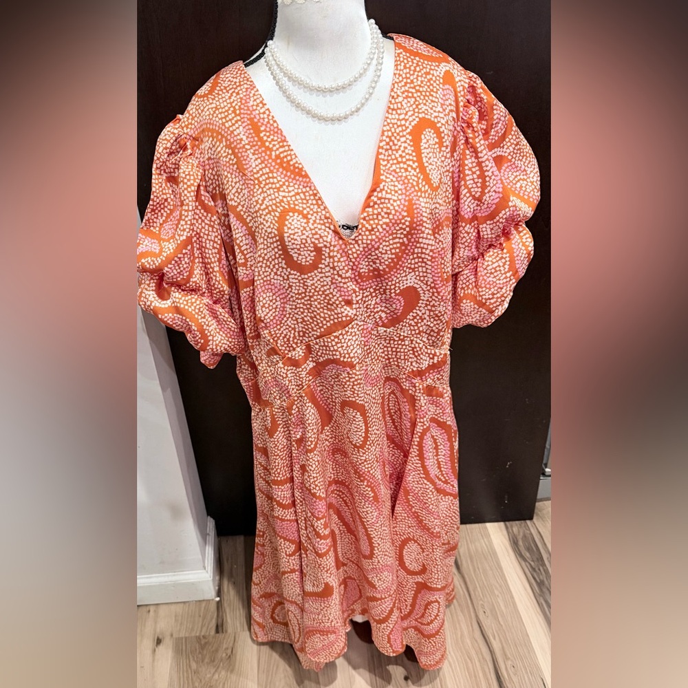 1.STATE 
Puff Sleeve Fit & Flare Printed Dress - Russet Orange
